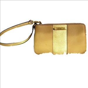 Michael Kors Met Center tan rose gold metallic top zip wristlet with strap
